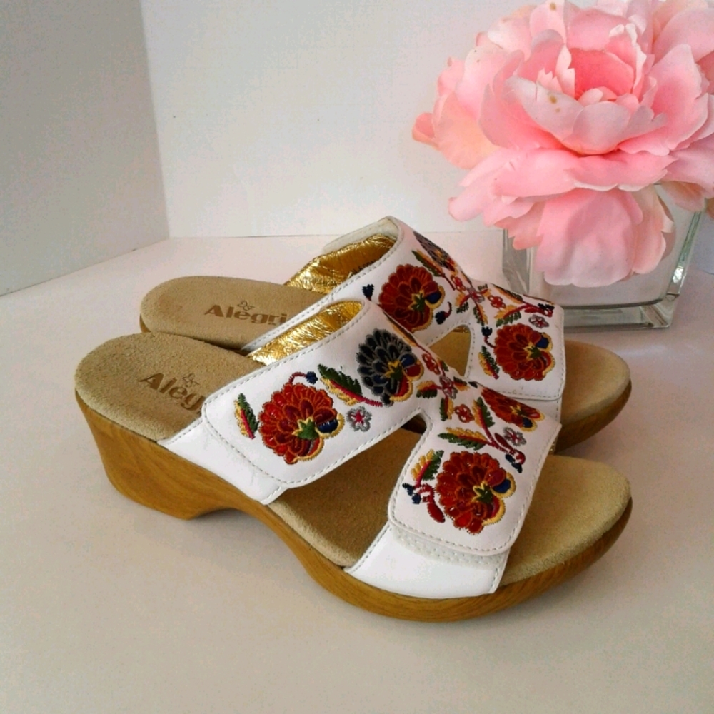 Alegria Lunn embroidered leather slip on sandals